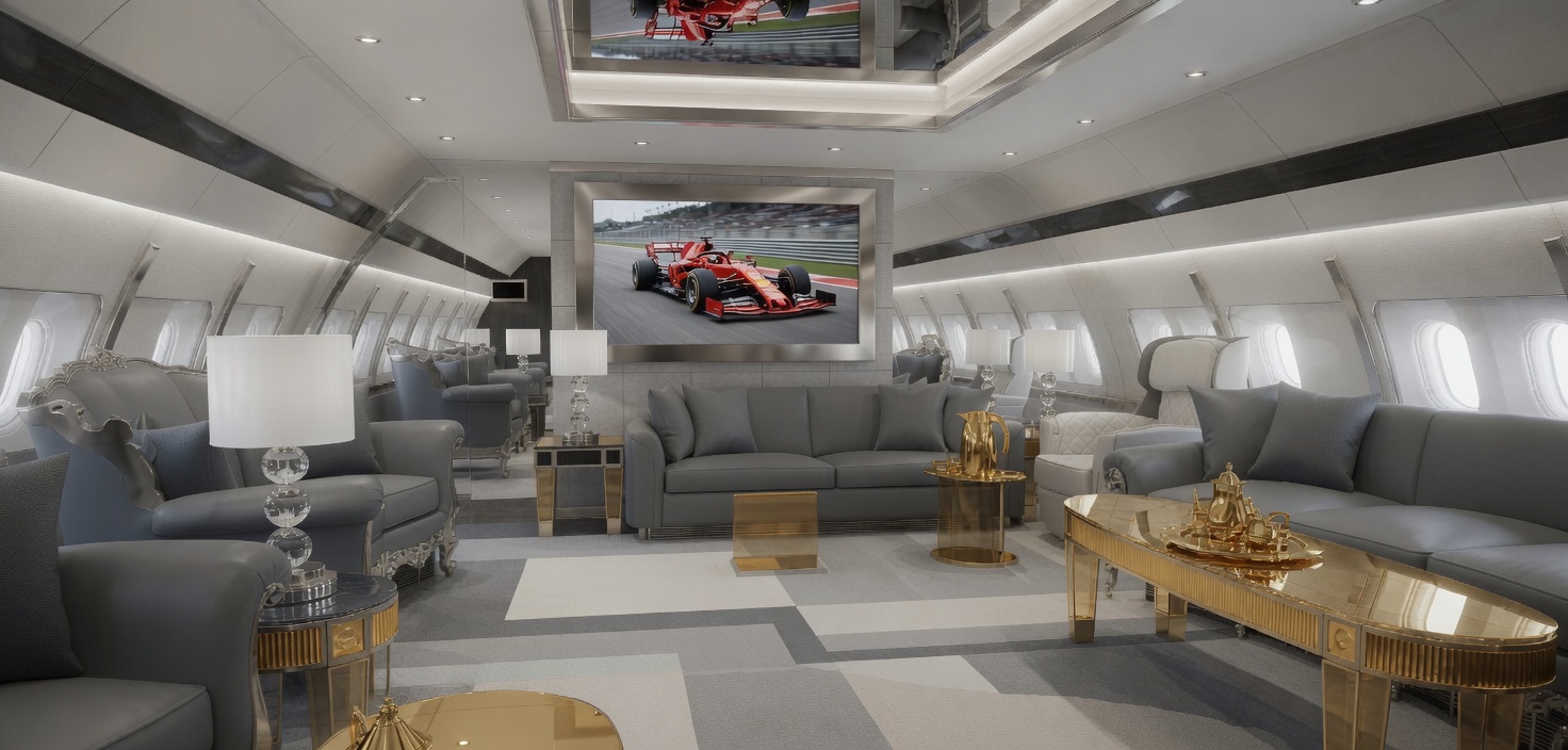 VIP main lounge aboard a Boeing BBJ 777